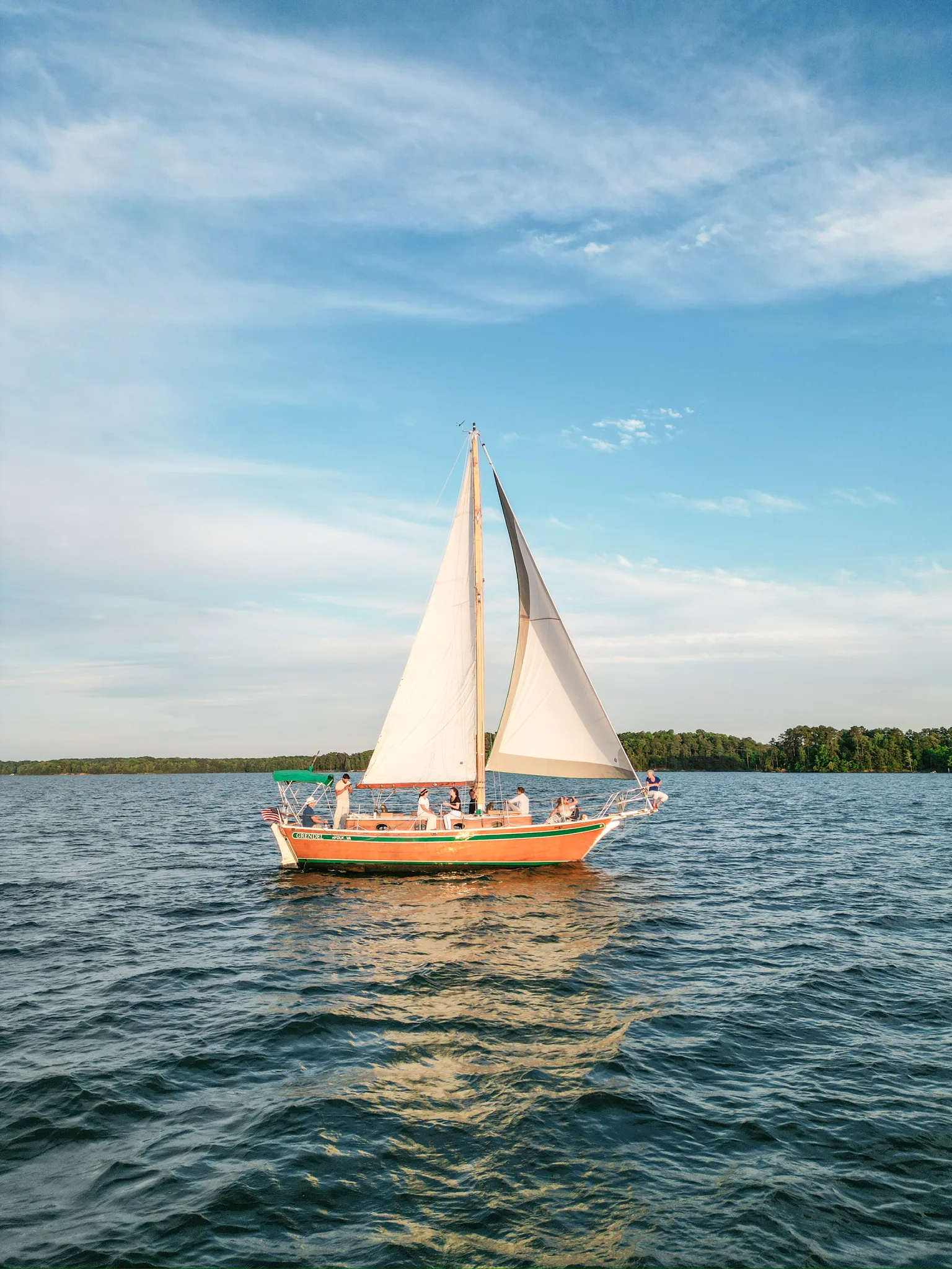 Aerial view of Lord Nelson sailboat on the blue waters of Lake Lanier